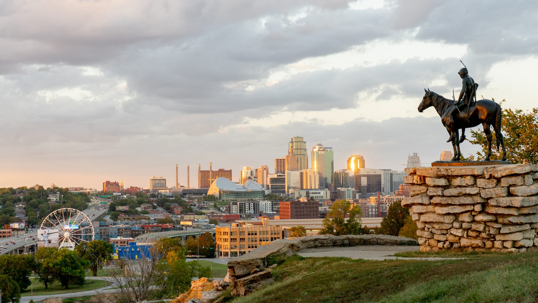 Kansas City skyline from the Scout overlook at sunset, one of the original hotel photographs