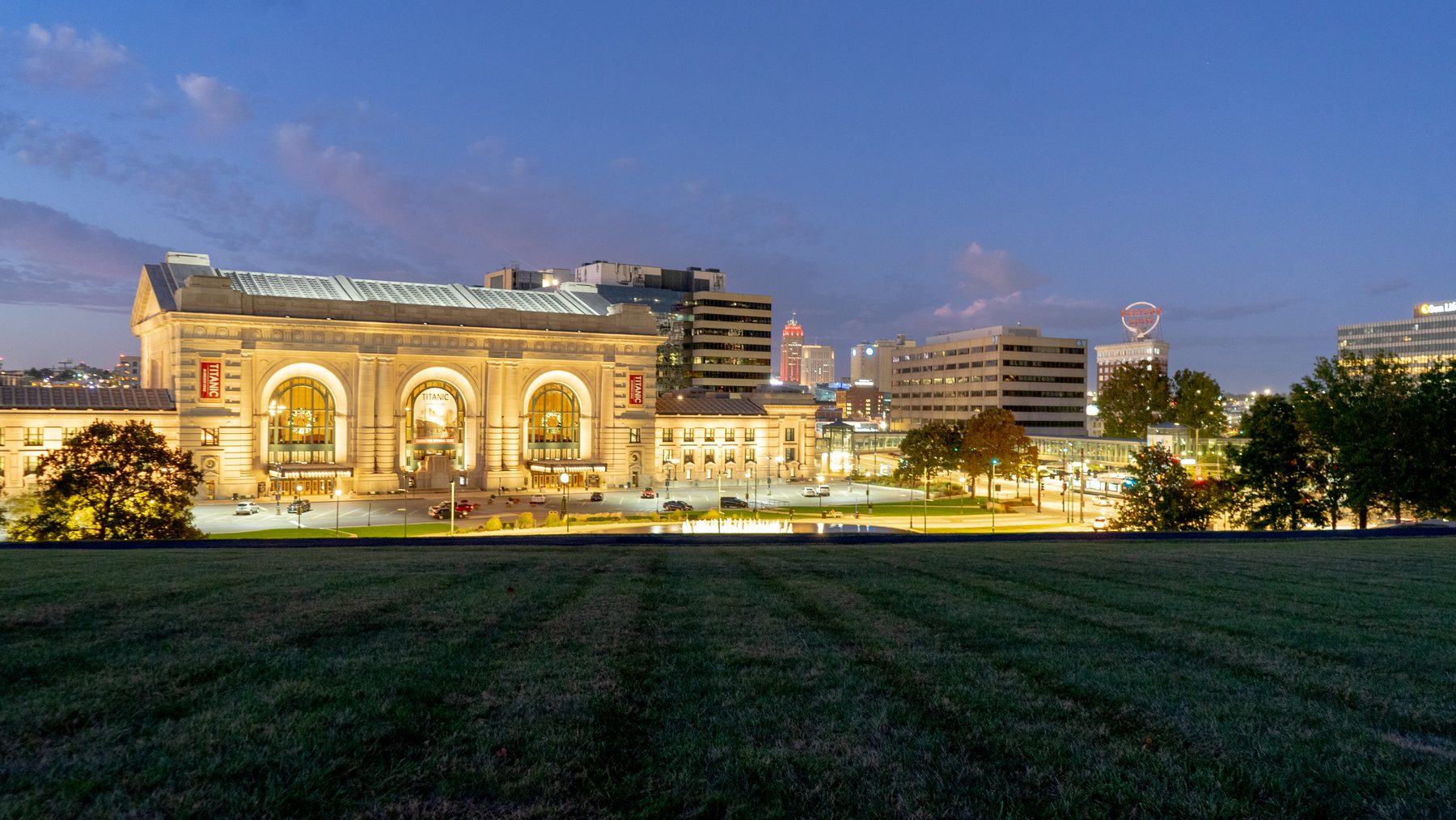 Union Station and the downtown skyline at blue hour, one of the original hotel photographs