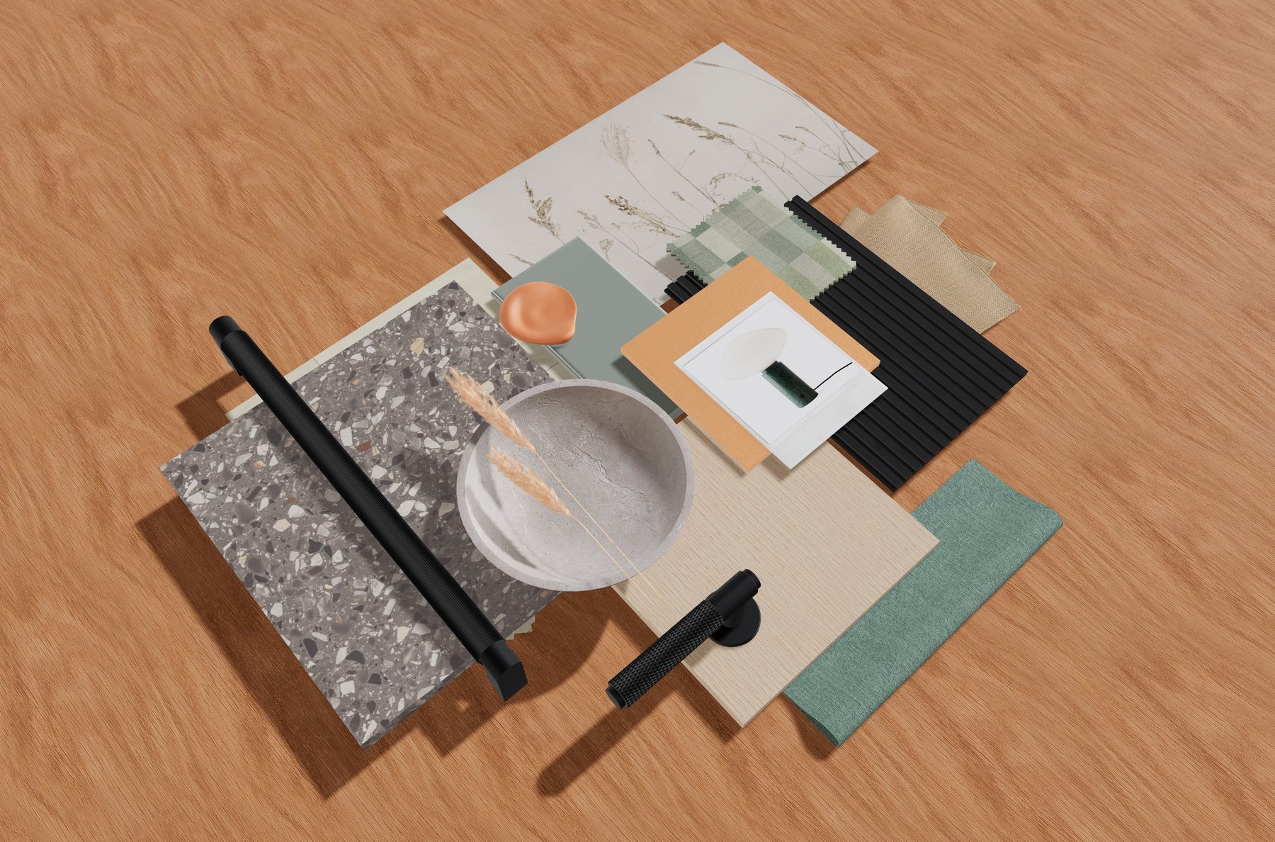Material and finish palette with terrazzo, tile, hardware and fabric samples