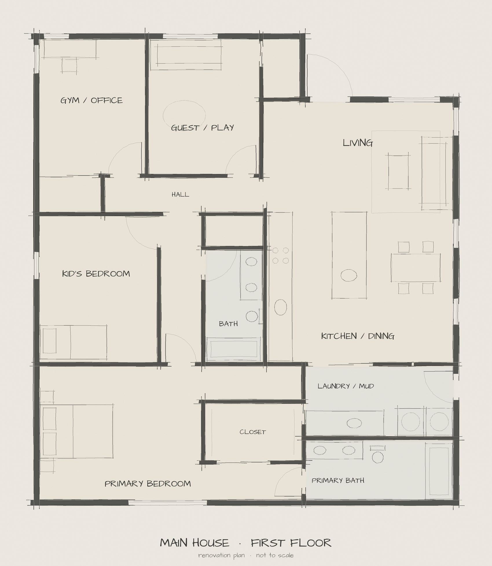 Hand-sketched first floor plan of the renovated main house