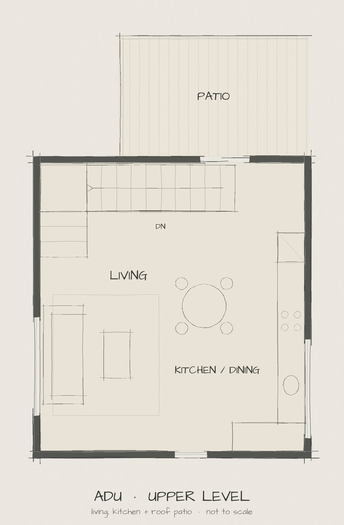 Hand-sketched ADU upper level plan with living, kitchen and roof patio