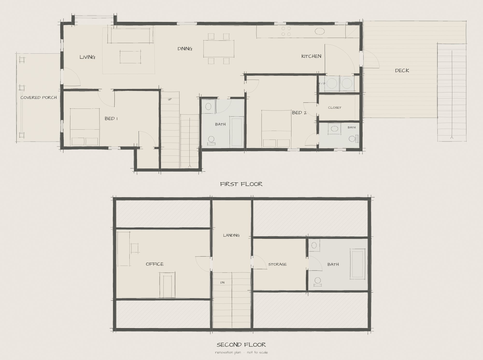 Hand-sketched first and second floor plans of the renovated residence
