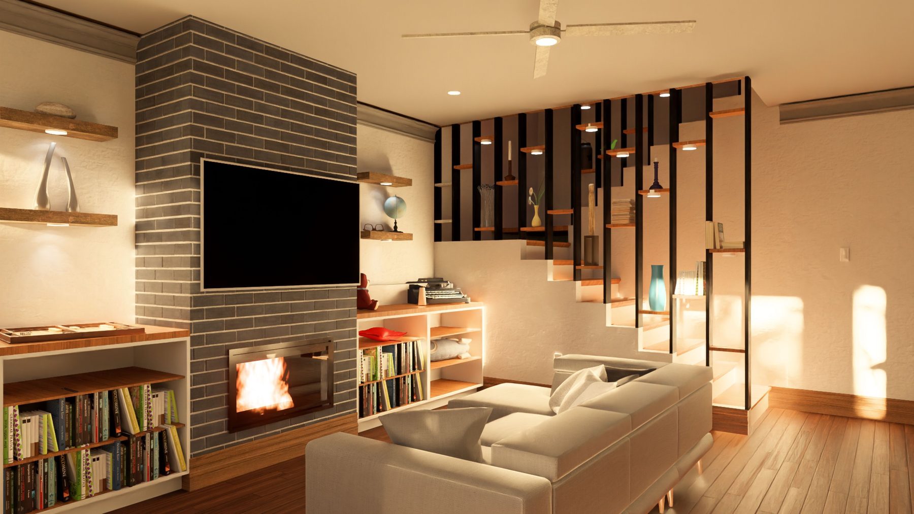 Rendering of the finished basement living room with fireplace wall, built-in shelving and slatted stair screen
