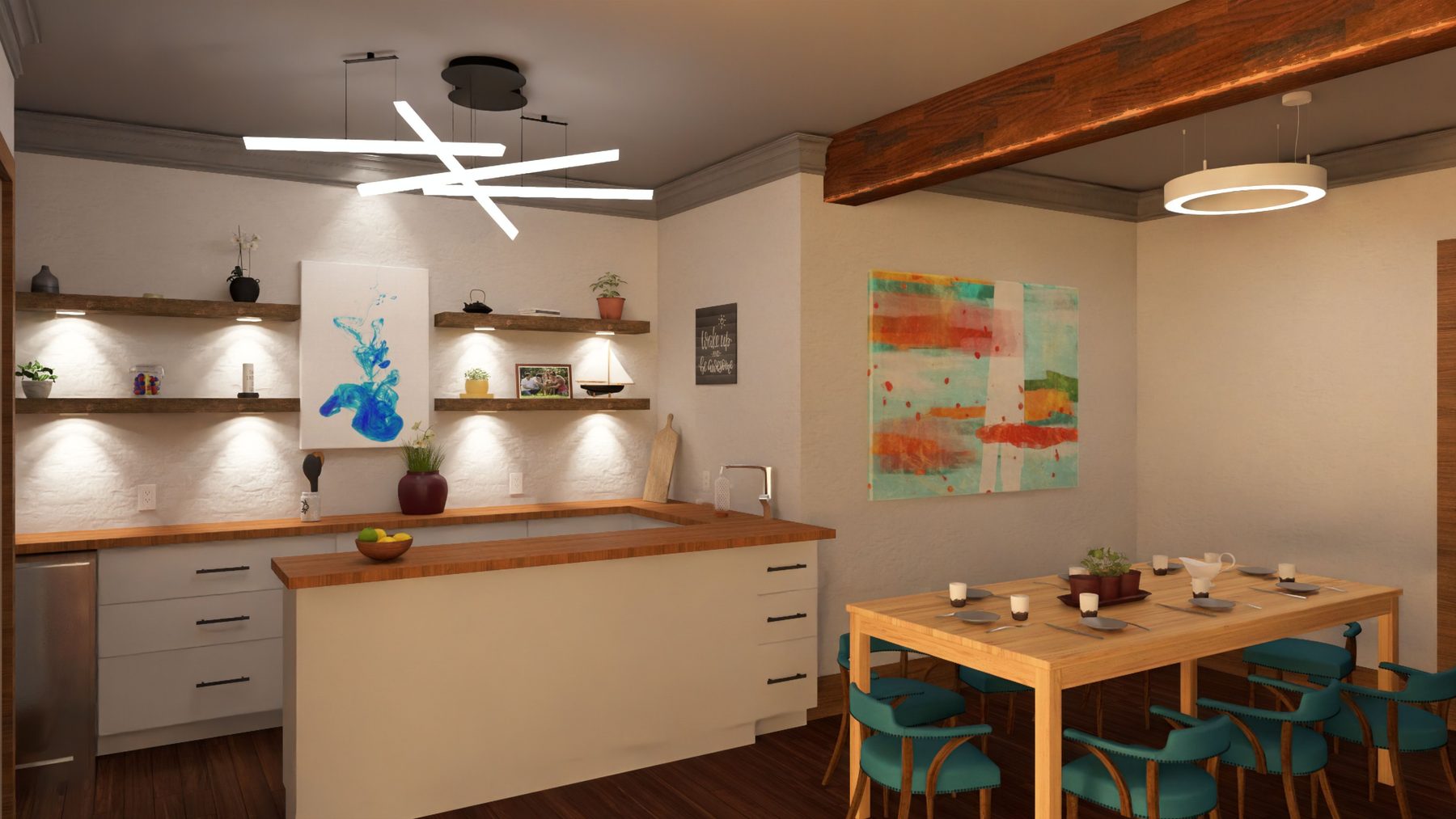 Rendering of the wet bar with open shelving beside the dining table